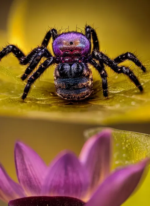 Prompt: beautiful macro photograph of a deep purple spider on a lotus flower, golden hour, golden ratio, nikon d 8 1 0, sigma 8 5 mm ƒ / 2. 5, award - winning, wet hdr refractions, insanely detailed, 8 k, * * * * *