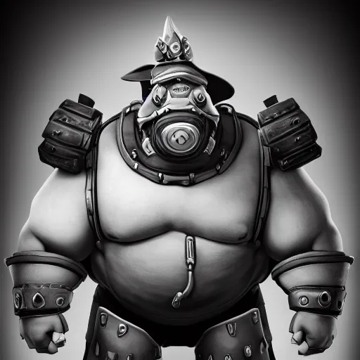 Prompt: full body shot of roadhog from overwatch as a real, imposing person. photograph, black and white