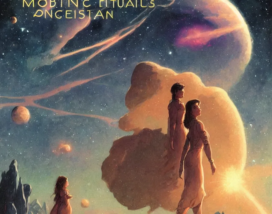 Image similar to illustrated by moebius and greg rutkowski, romantic!!! space scene!! with standing young girl!!!!, orbit of earth!, futuristic orbital station!!!!, nebulae!!, starry sky!!, rule of third!!!!, vintage cover of sci - fi magazine, cinematic!!