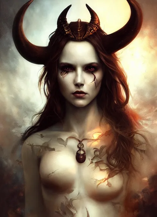 Image similar to a hauntingly beautiful woman with horns, painted by artgerm and tom bagshaw, fantasy art, dramatic lighting, highly detailed oil painting