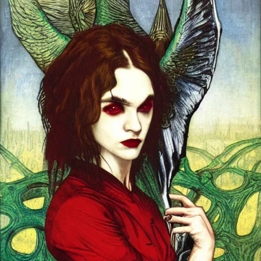 Image similar to album cover of Grimes as a highly detailed super villain character by dante gabriel rossetti