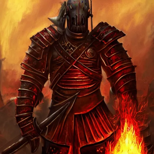 Image similar to champion of khorne in heavy armor holding a flaming sword, artstation hall of fame gallery, editors choice, #1 digital painting of all time, most beautiful image ever created, emotionally evocative, greatest art ever made, lifetime achievement magnum opus masterpiece, the most amazing breathtaking image with the deepest message ever painted, a thing of beauty beyond imagination or words