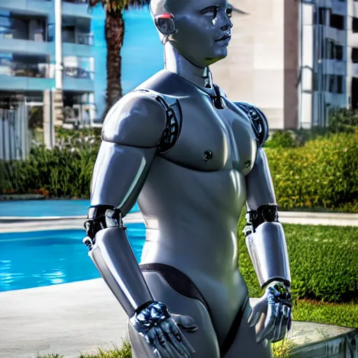 Image similar to a realistic detailed photo of a guy who is an attractive humanoid who is half robot and half humanoid, who is a male android, wrestler aj ferrari, shiny skin, posing like a statue, blank stare, by the pool, on display, showing off his muscles, humanoid robot, frozen ice statue