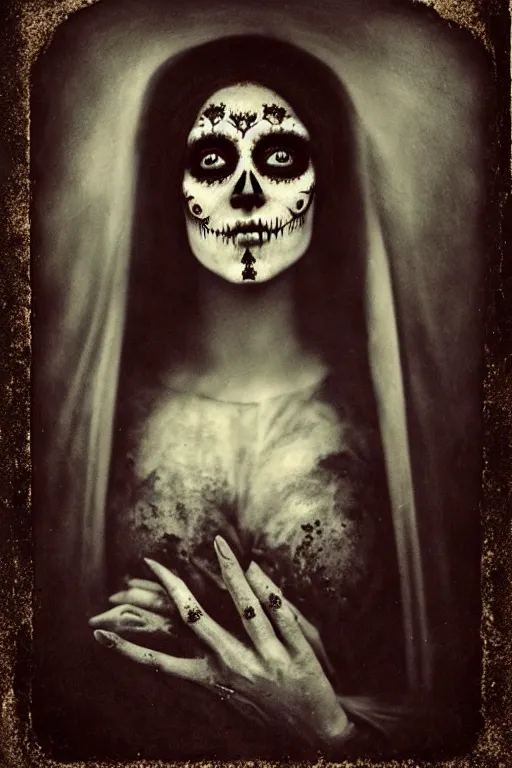 Image similar to photogravure, tintype virgin mary in dia de muertos dress and make up, horrific beautiful vibe, evocative, atmospheric lighting, painted, intricate, highly detailed, leesha hannigan, wayne haag, reyna rochin, ignacio fernandez rios, mark ryden, iris van herpen, stunning, gorgeous, sharp focus, cinematic, masterpiece