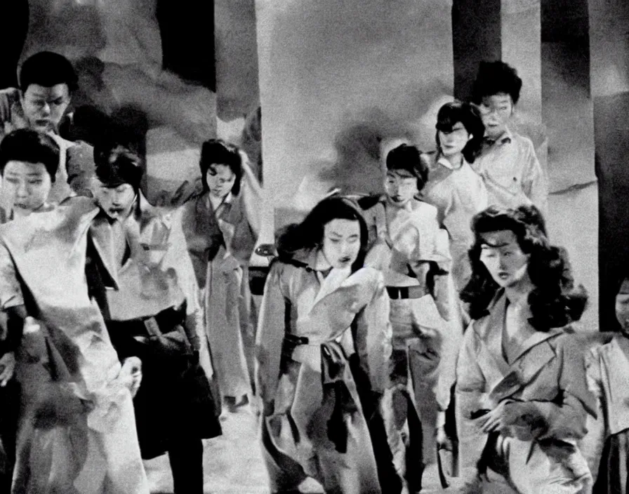 Image similar to a filmstill of pulgasari, kaiju starfish, monster movie, korean film noir, 1 9 5 0 s thriller, kim jong - il, in the style of suspiria ( 1 9 7 7 )