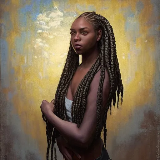 Prompt: a portrait of a beautiful!! woman with cornrow braids by Tim Okamura, Norman Rockwell, she is standing in a very large room with many windows and columns, a detailed matte painting by Noah Bradley and Moebius, cgsociety, concept art, solarpunk, optimistic future, natural light, golden light, life after the plague, backlit, rim lighting