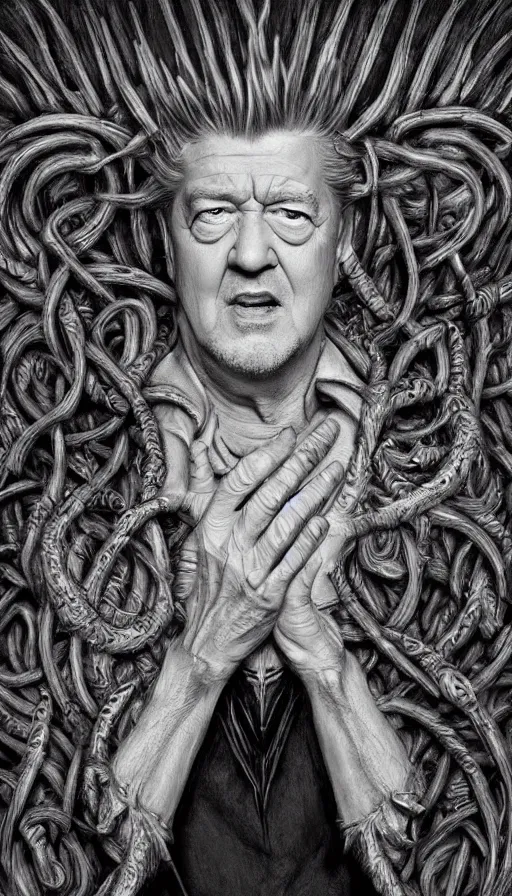 Prompt: david lynch as crazy inentor, lord of the rings, fame of thrones, warhammer, fibonacci, sweat drops, intricate fashion clothing, insane, intricate, highly detailed, surrealistic, digital painting, artstation, concept art, smooth, sharp focus, illustration, unreal engine 5, 8 k, art by artgerm and greg rutkowski and alphonse mucha