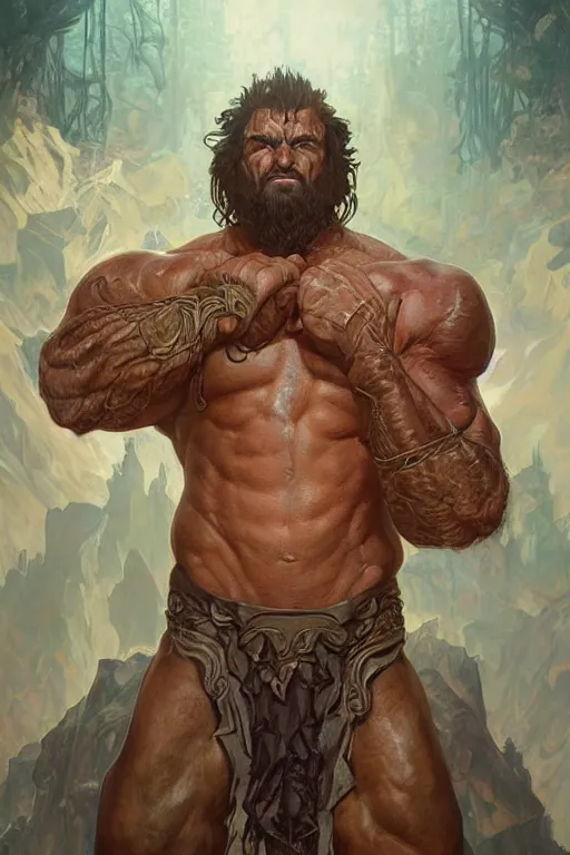 Prompt: portrait of gigachad as a hulking herculean demon, forest, godlike, full body, fantasy, intricate, elegant, highly detailed, digital painting, artstation, concept art, sharp focus, illustration, art by artgerm and greg rutkowski and alphonse mucha