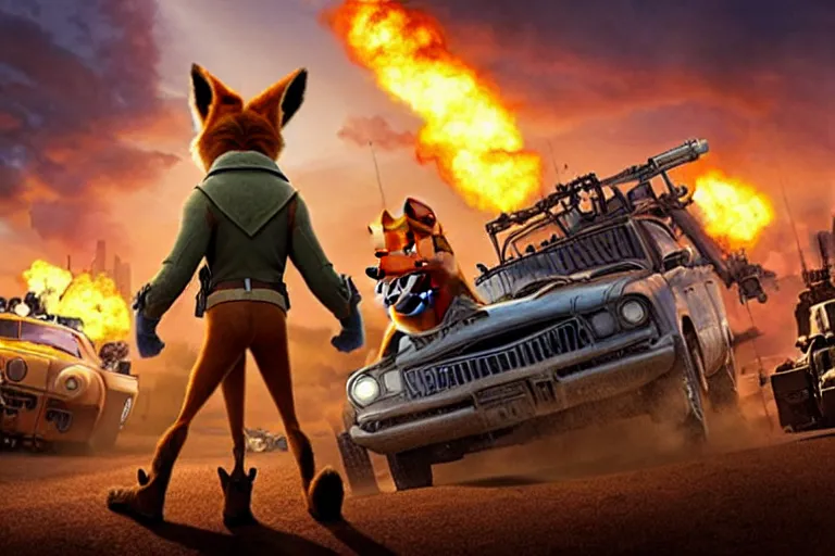 Image similar to nick wilde ( from zootopia ), heavily armed and armored facing down armageddon in a dark and gritty reboot from the makers of mad max : fury road