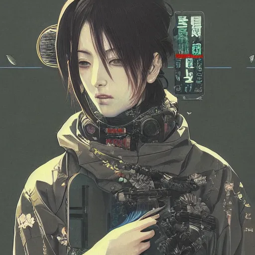 Prompt: a beautiful ukiyo painting of cyberpunk woman, wearing space techwear, detailed symmetrical close up portrait, intricate complexity, by takato yamamoto, wlop, krenz cushart. cinematic dramatic atmosphere, sharp focus