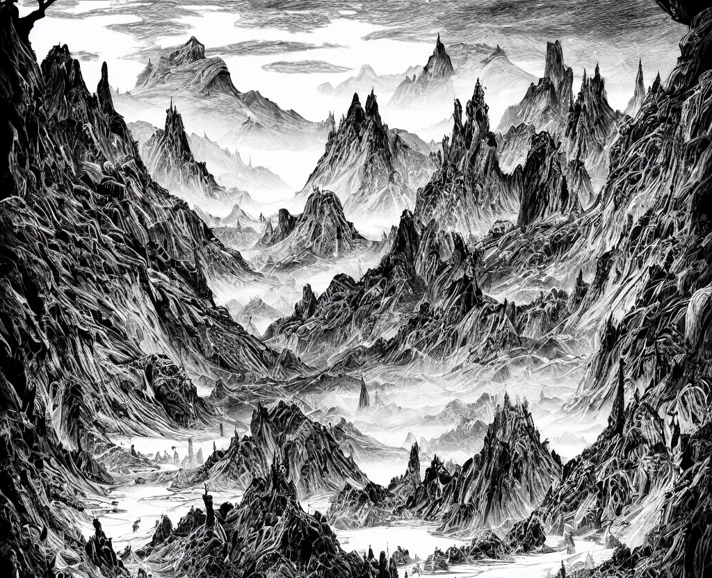 Prompt: impressive fantasy landscape, beautiful line art, ink illustration, pure b&w, white frame