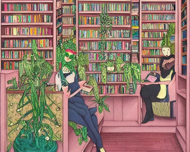 Image similar to bookstore filled with plants and cute monsters detailed pastel painting in the style of george barbier