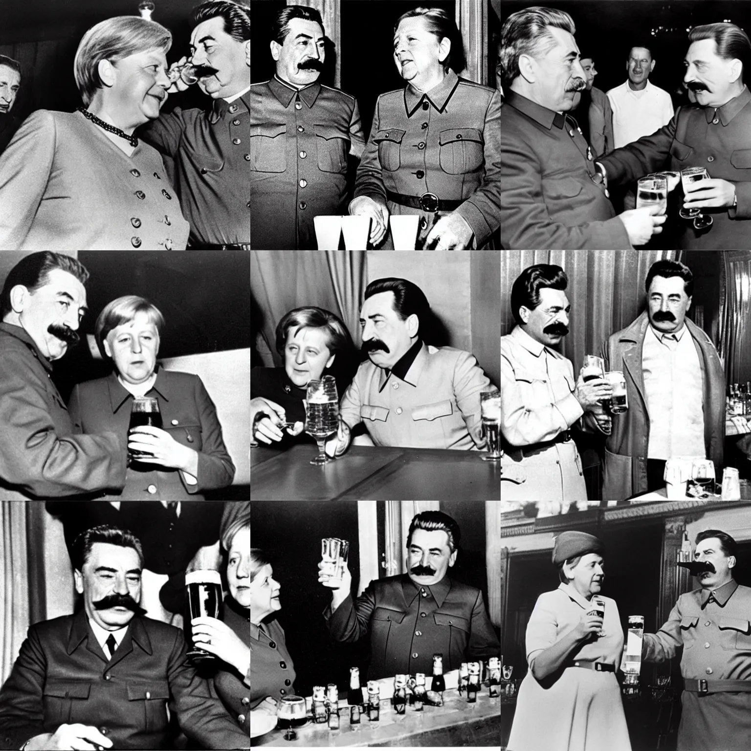 Prompt: Stalin and Merkel drinking beer