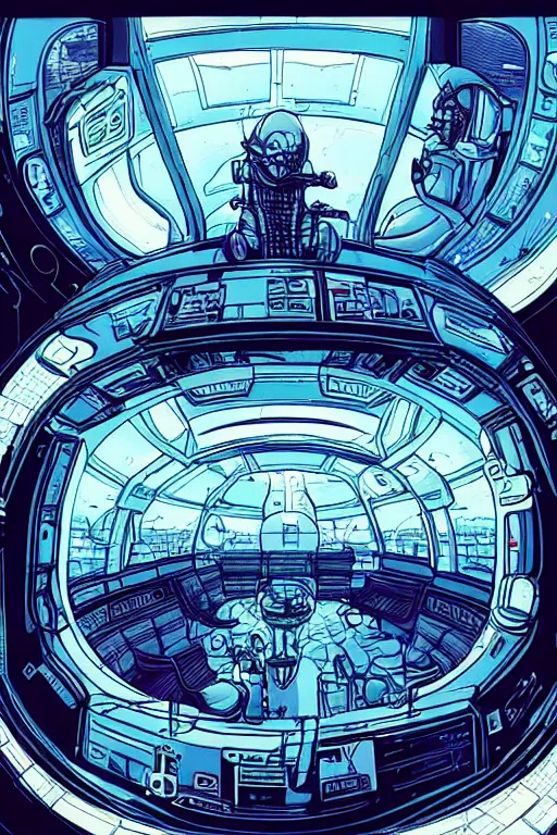 Image similar to Inside a room alien spaceship with large window that provide a scenic view of a huge planet can be seen in the background, Highly detailed labeled, poster, aesthetic, haeccety by Feng Zhu and Loish and Laurie Greasley