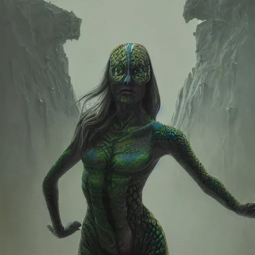 Image similar to snake woman, elden ring boss, matte painting, detailed, elden ring, oil on canvas