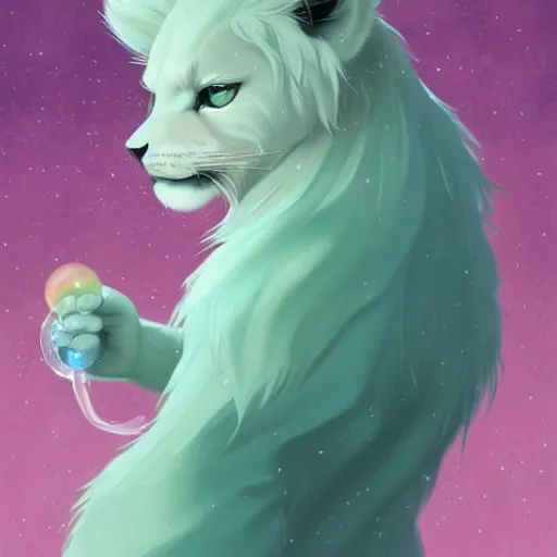 Image similar to aesthetic portrait commission of a albino male furry anthro lion cub popping floating bubbles while wearing a cute mint colored cozy soft pastel winter outfit, winter Atmosphere. Character design by charlie bowater, ross tran, artgerm, and makoto shinkai, detailed, inked, western comic book art, 2021 award winning painting