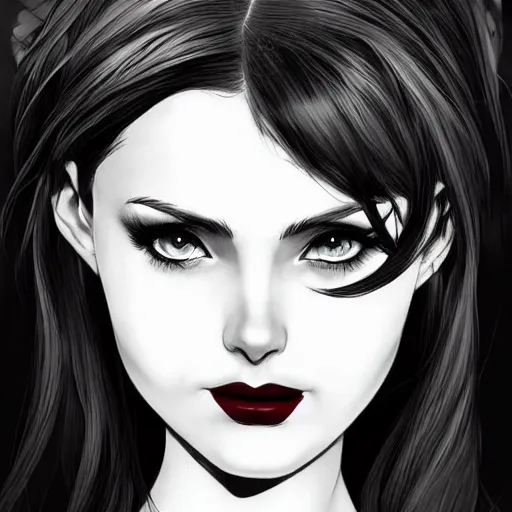 Prompt: princess of darkness, style of artgerm comic, red, piercing eyes, long glowing black and white hair, waterhouse, character art, headshot, matte