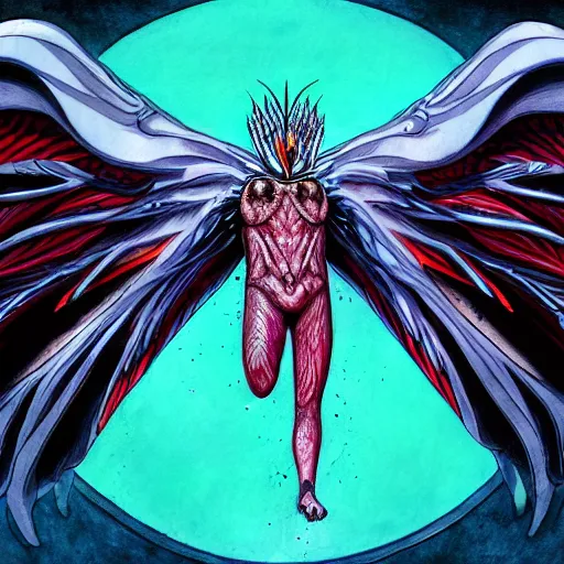 Prompt: 4K headshot of mothman with defined arms and open hands and bloody clothes with giant mandala wings , intricate face , flawless anime cel animation by Kentaro Miura, psychedelic , highly detailed upper body , professionally post-processed , beautiful, scary, symmetry accurate features, epic, octane rendered, anime masterpiece, accurate