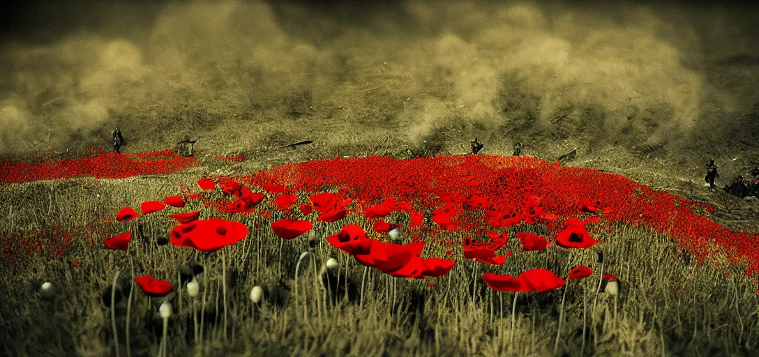 Prompt: smoke,!!! neon colored, tilt shift wwi poppies pondering over a dug out trench, dramatic light, zdzidaw, ultrafine, hyperrealistic, 3 2 k, 3 5 mm film still, movie