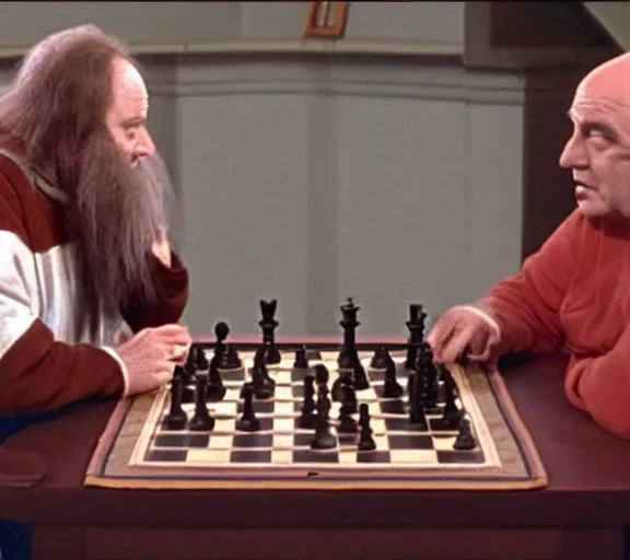 Image similar to gowron screaming angrily at the man he is playing chess with, extremely detailed, 4 k, high quality,