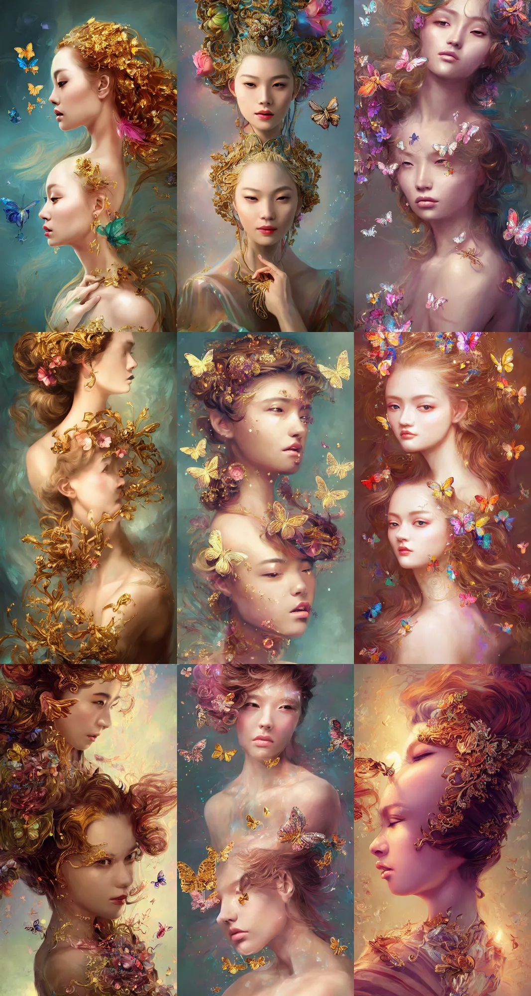 Prompt: painterly portraits by nixeu and fenghua zhong, elegant rococo hair styles, iridescent, vibrant, flora, butterflies, ornate intricate crystal jewelry, cinematic lighting, hyper detailed, character concept, full body, dynamic pose, glowing golden dust, highly detailed, digital painting, artstation, smooth, sharp focus, illustration.