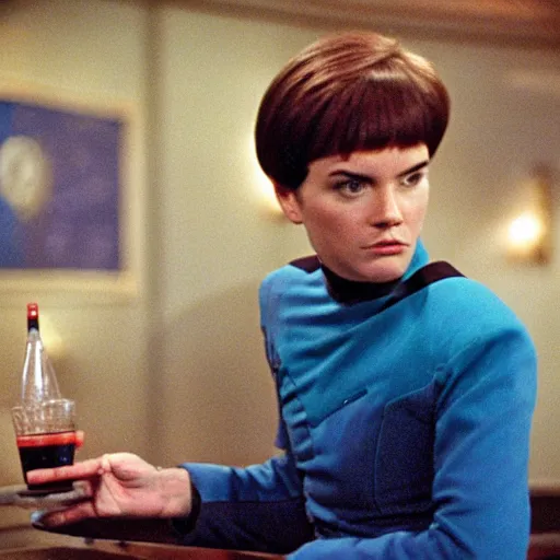 Prompt: acting ensign Wesley Crusher from the USS Enterprise drinking romulan ale in ten forward, set photo, candid, film grain