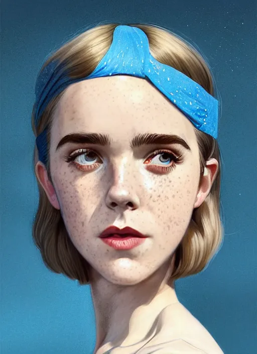 Image similar to portrait of kiernan shipka with freckles, white hair, big 1 9 6 0 s bob hairstyle with bangs and hairband, blue 1 9 6 0 s dress, intricate, elegant, glowing lights, highly detailed, digital painting, artstation, concept art, smooth, sharp focus, illustration, art by wlop, mars ravelo and greg rutkowski