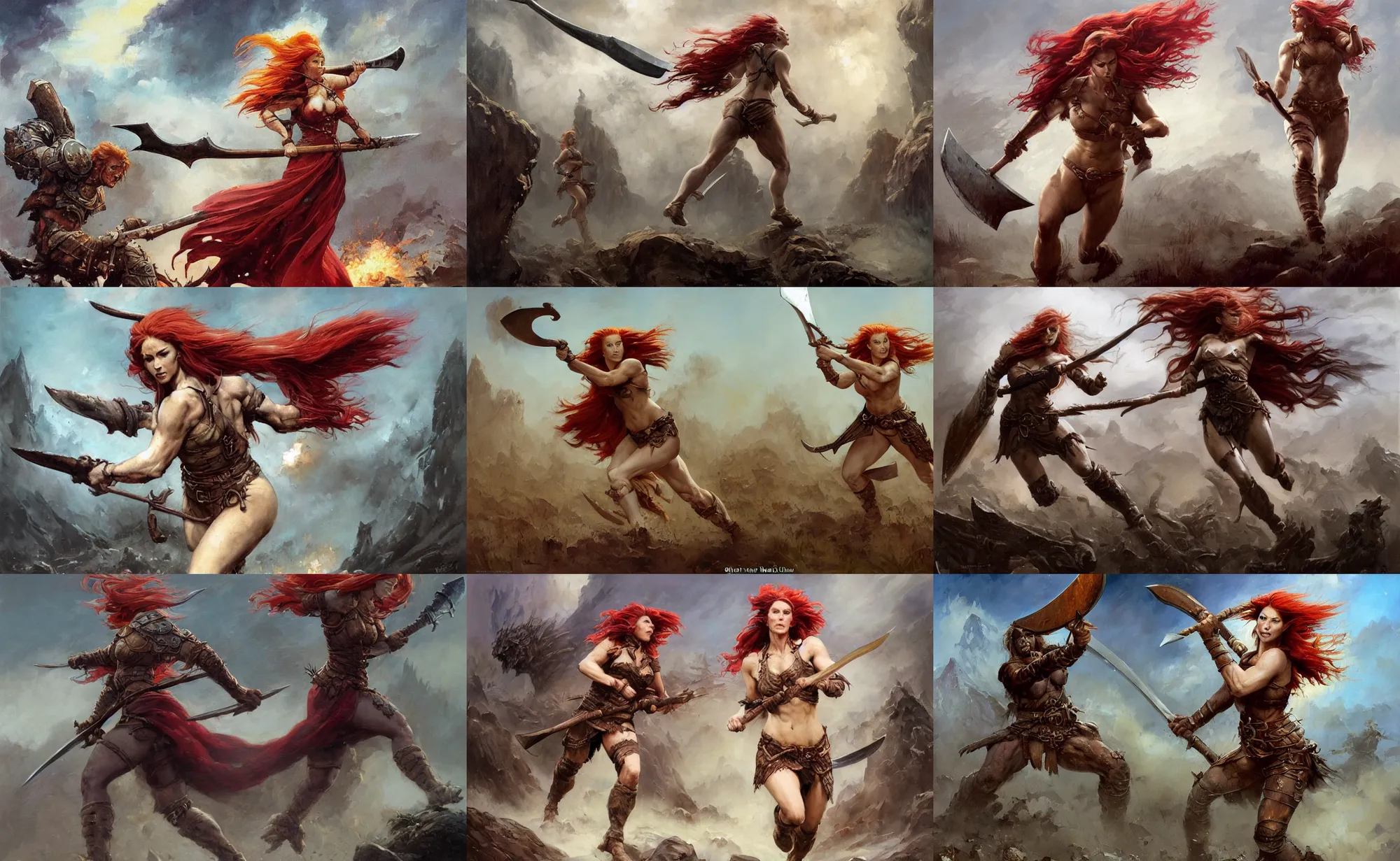 Prompt: An oil painting of a beautiful red-haired woman running with a war-axe, very aesthetic, detailed face, by Frank Frazetta, Greg Rutkowski, Boris Vallejo, Neal Hanson, Christian MacNevin, epic fantasy character art, goddess of war, detailed celtic hide armor, high fantasy, full length, exquisite detail, post-processing, low angle, masterpiece, cinematic, moors in background