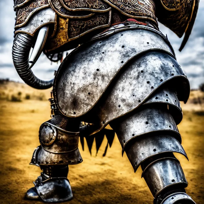 Image similar to photo of a warrior with metal elephant themed armour, highly detailed, 4 k, hdr, smooth, sharp focus, high resolution, award - winning photo