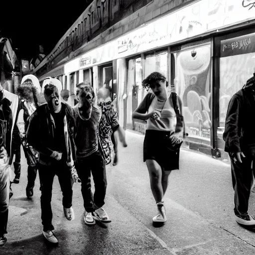 Image similar to Street photography, a group of people leaving a seedy nightclub at 3am, someone is smoking, someone is shouting