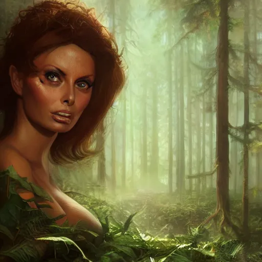 Prompt: closeup portrait of a young sophia loren as an elf, forest background, megacity, high fantasy, dramatic light, gorgeous view, depth, high detail, digital art, painted by greg rutkowski, trending on artstation