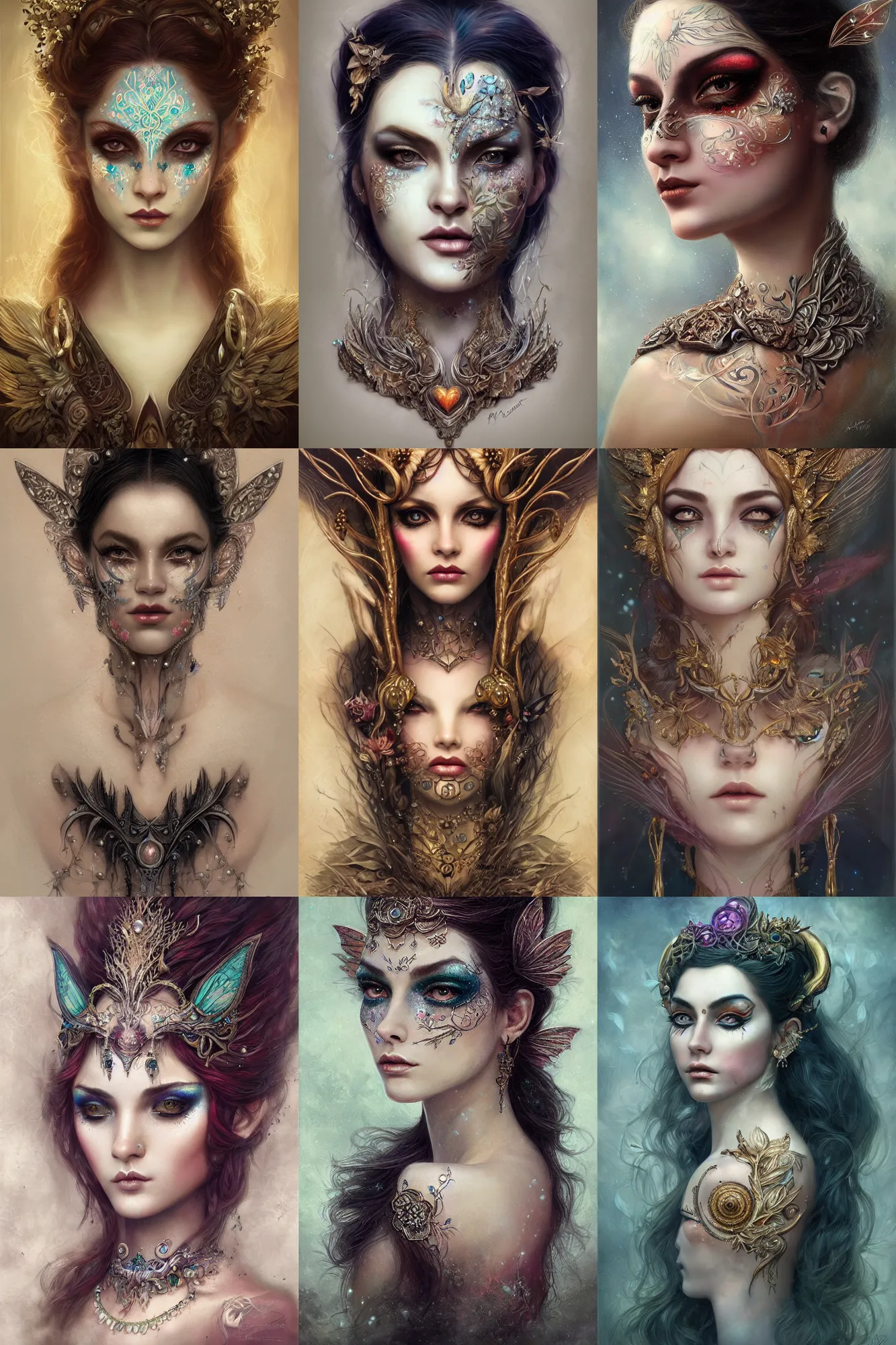 Prompt: portrait of fairy, symmetric, facepaint facepaint facepaint, intricate jewelry, trending on artstation 4 k, high quality, in the style of karol bak, tom bagshaw, charlie bowater, bust with face of ahri, tattoos