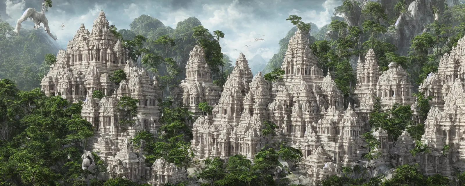 Prompt: a 64 bit Colossal beautiful hindu temple, Ornate architecture, carved in white marble, Cliffside, lush jungle, Atmosphere, Dramatic, realistic painting, classical painting, high definition, digital art, matte painting, very detailed, realistic, Unreal Engine, octane render, vray, 4k, super wide angle