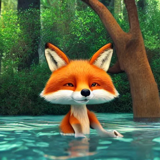 Prompt: a fox with very large cute eyes, swimming with forest friends, Pixar style, 3d render, ultra detailed