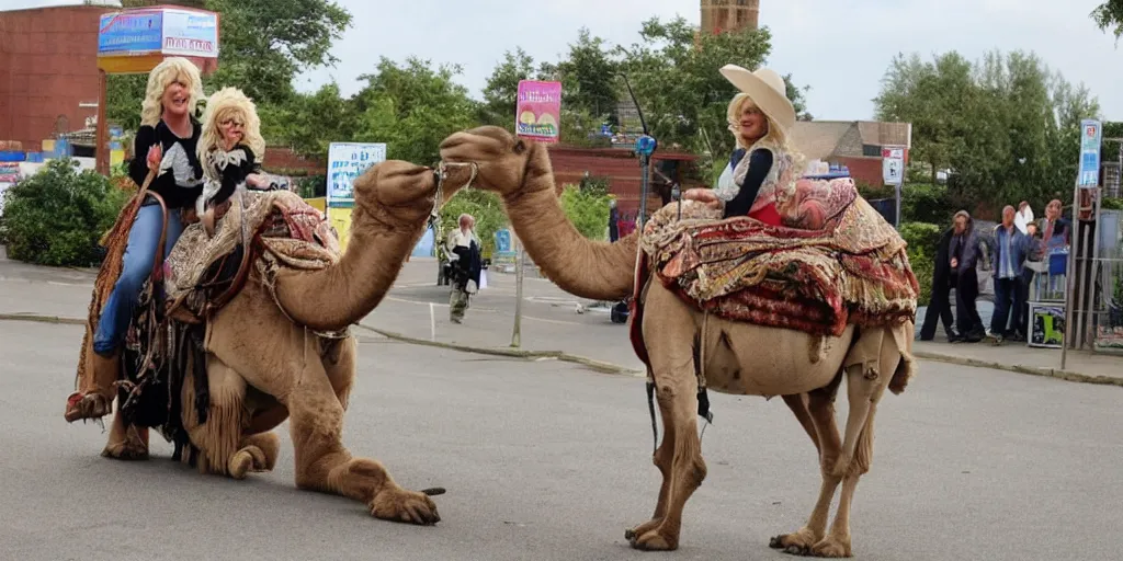 Prompt: Dolly Parton riding a camel in Slough