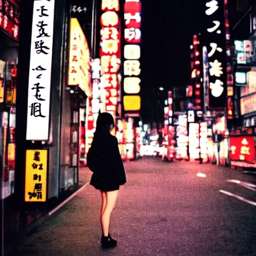 Image similar to japanese version of emma watson, in tokyo at night, film still, cinestill 8 0 0,