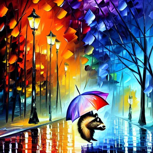 Image similar to raccoon with umbrella in the rain, by leonid afremov