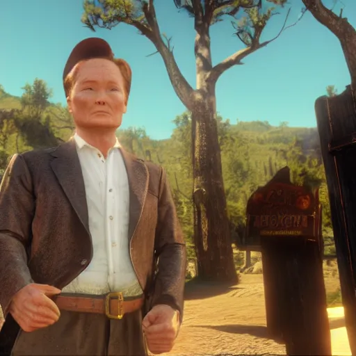 Image similar to Conan O'Brien as a holy preacher, in game screenshot of Red Redemption 2