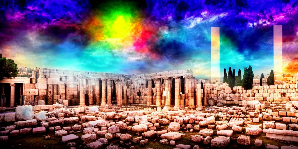 Prompt: spiritual chakra energies in the huge ruins of the second temple in jerusalem, dreamy sky, the third temple hovers quietly hiding in the sky above, very colorful painting 8 k trending on art station, intricate superb details, digital art, cinematic lighting, volumetric lighting, photographic, blur bokeh defocus dof sky by afremov, award winning masterpiece.