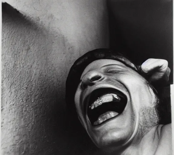 Prompt: Hans Bellmer photo of 'gigachad laughing behind bars', dark, high contrast, high exposure photo
