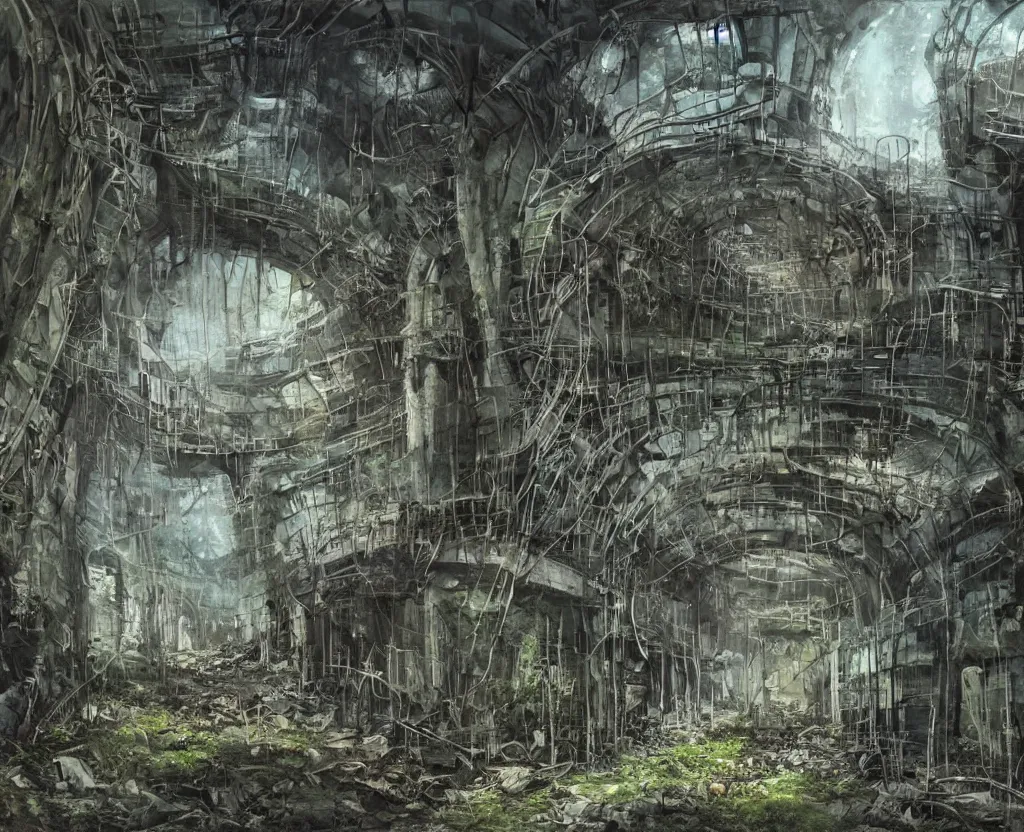 Prompt: a Dystopian painting of the abandoned and overgrown tunnels of an post-apocalyptic arcology