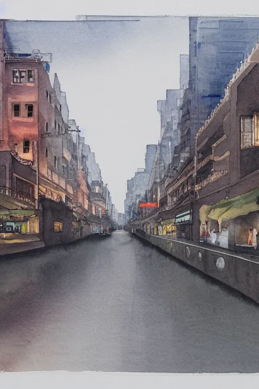 Image similar to A watercolor depicting an empty Shanghai Wujiaochang, gloomy weather, high contrast, smooth, by Joseph Zbikowicz, 8k