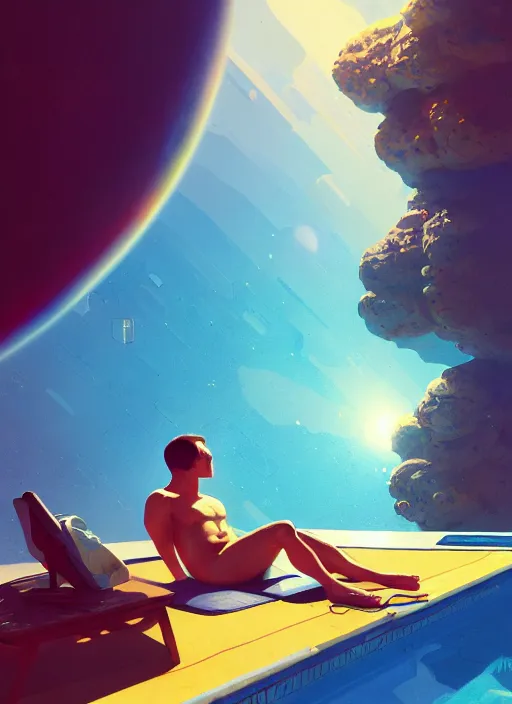 Image similar to an astronaut sunbathing by a pool, isometric, complimentary colors, perfect lighting, aesthetic, masterpiece, award winning, perfect composition, artstation, 4 k, darek zabrocki, greg rutkowski, artgerm