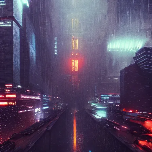 Prompt: gigantic metal pyramid in the distance, brutalist, blade runner, sci fi, stunning detail, cityscape, cyberpunk, wet street, 8k, cinematic lighting, ultra realistic, colorful, neon, octane rendered,