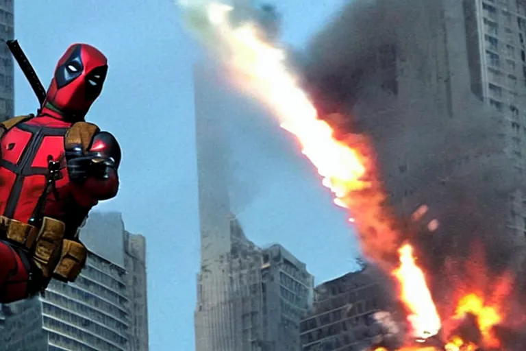 Image similar to militarily helicopter firing missiles and Deadpool leaps off smashes through high rise window, explosions, by Michael Bay