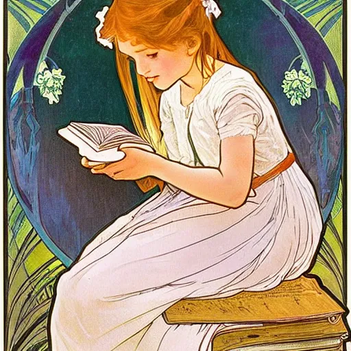 Image similar to a little girl sitting on a pile of books reading a book. beautiful painting with high quality detailed face by disney and alphonse mucha. flat colors, plain white background