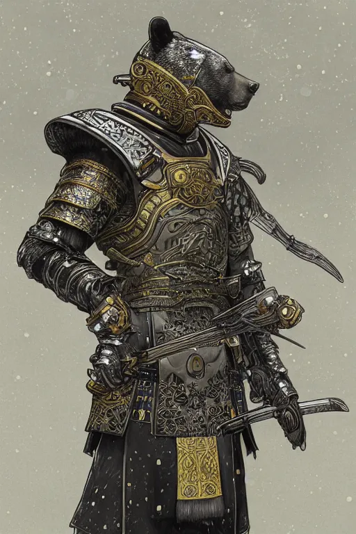 Image similar to ultra realistic illustration, anthropomorphic samurai asian black bear with armor made of stars, sci - fi, fantasy, intricate, elegant, highly detailed, digital painting, artstation, concept art, smooth, sharp focus, illustration, art by artgerm and alphonse mucha