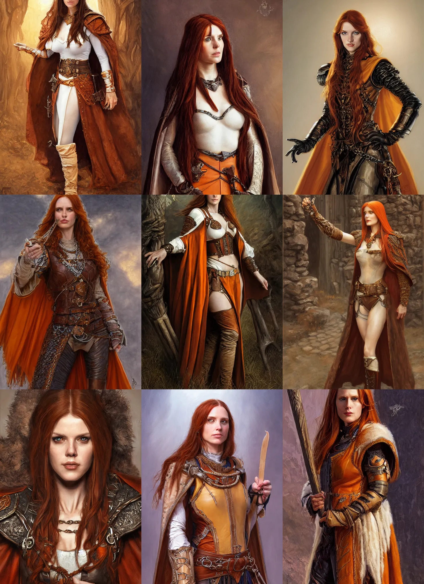 Prompt: a portrait of a white woman in her twenties, she has long orange brown hair, leather brown vest with cape, medieval, style by donato giancola, wayne reynolds, jeff easley dramatic light, high detail, cinematic lighting, artstation, dungeons and dragons