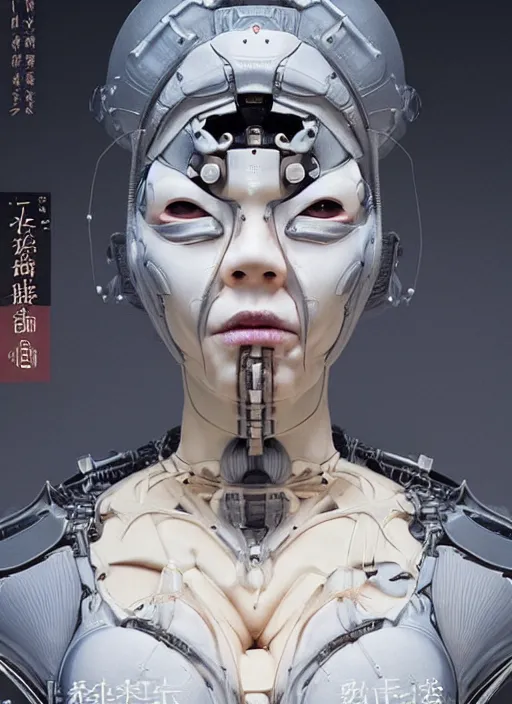 Prompt: portrait of a futuristic geisha cyborg, in the style of ghost in the shell, kintsugi, modern fine art, fractal, intricate, elegant, highly detailed, digital photography, subsurface scattering, by erwin olaf and greg rutkowski,