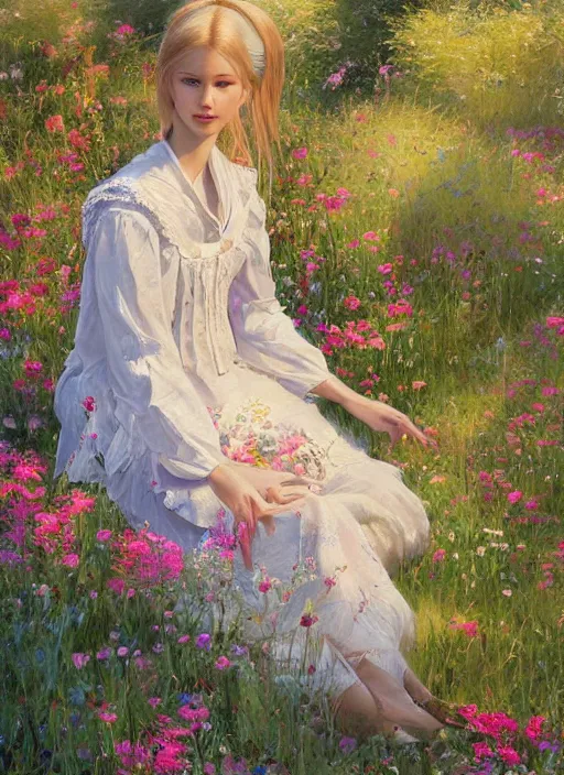 Image similar to a professional painting of an russian young blonde girl intricate, wearing russian folk clothes, in the morning light, at the beautiful river, surrounded by flowers, elegant, digital painting, concept art, smooth, sharp focus, finely detailed illustration, beautifully framed, from Metal Gear, in the style of Artgerm and Greg Rutkowski and William-Adolphe Bouguerea